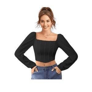 Bishop Sleeve Corset‎ Top Black Knit Square Neck Front Cropped Long Sleeve S